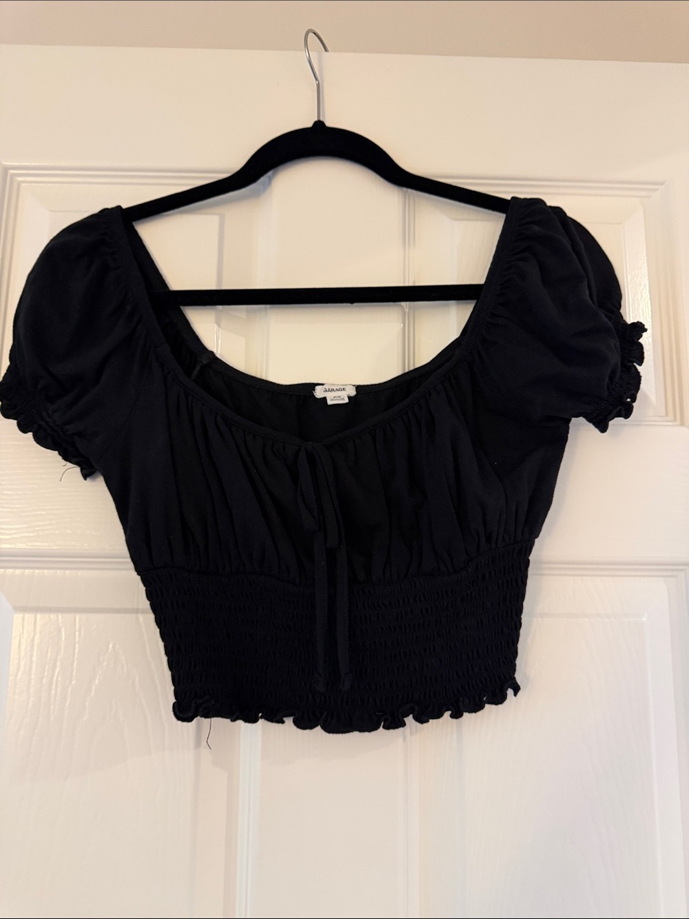 Garage Black Smocked Puff-Sleeve Crop Top